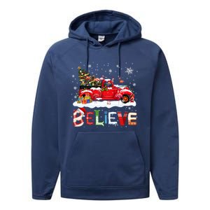 Flamingo Riding Red Truck Christmas Tree Believe Santa Gift Performance Fleece Hoodie