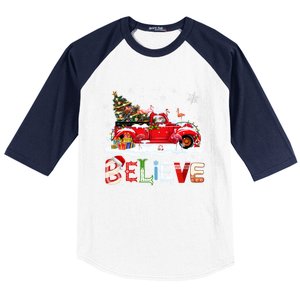 Flamingo Riding Red Truck Christmas Tree Believe Santa Gift Baseball Sleeve Shirt