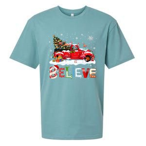 Flamingo Riding Red Truck Christmas Tree Believe Santa Gift Sueded Cloud Jersey T-Shirt