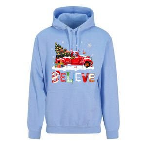 Flamingo Riding Red Truck Christmas Tree Believe Santa Gift Unisex Surf Hoodie