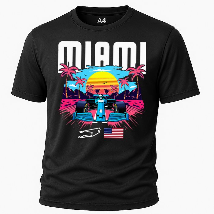 Formula Racing Retro Miami Circuit Usa Flag Race Car Fans Cooling Performance Crew T-Shirt
