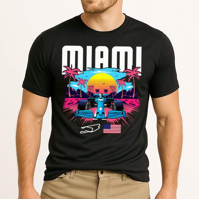 Formula Racing Retro Miami Circuit Usa Flag Race Car Fans Cooling Performance Crew T-Shirt