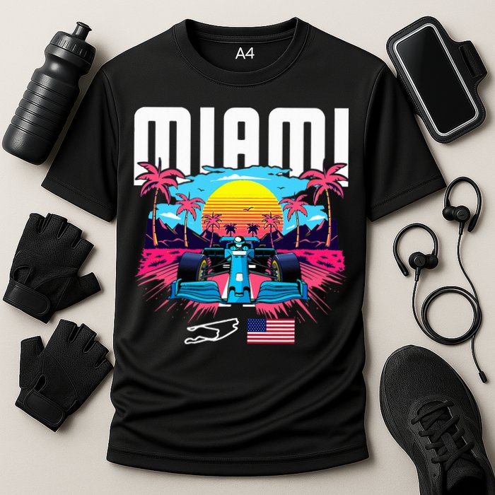 Formula Racing Retro Miami Circuit Usa Flag Race Car Fans Cooling Performance Crew T-Shirt