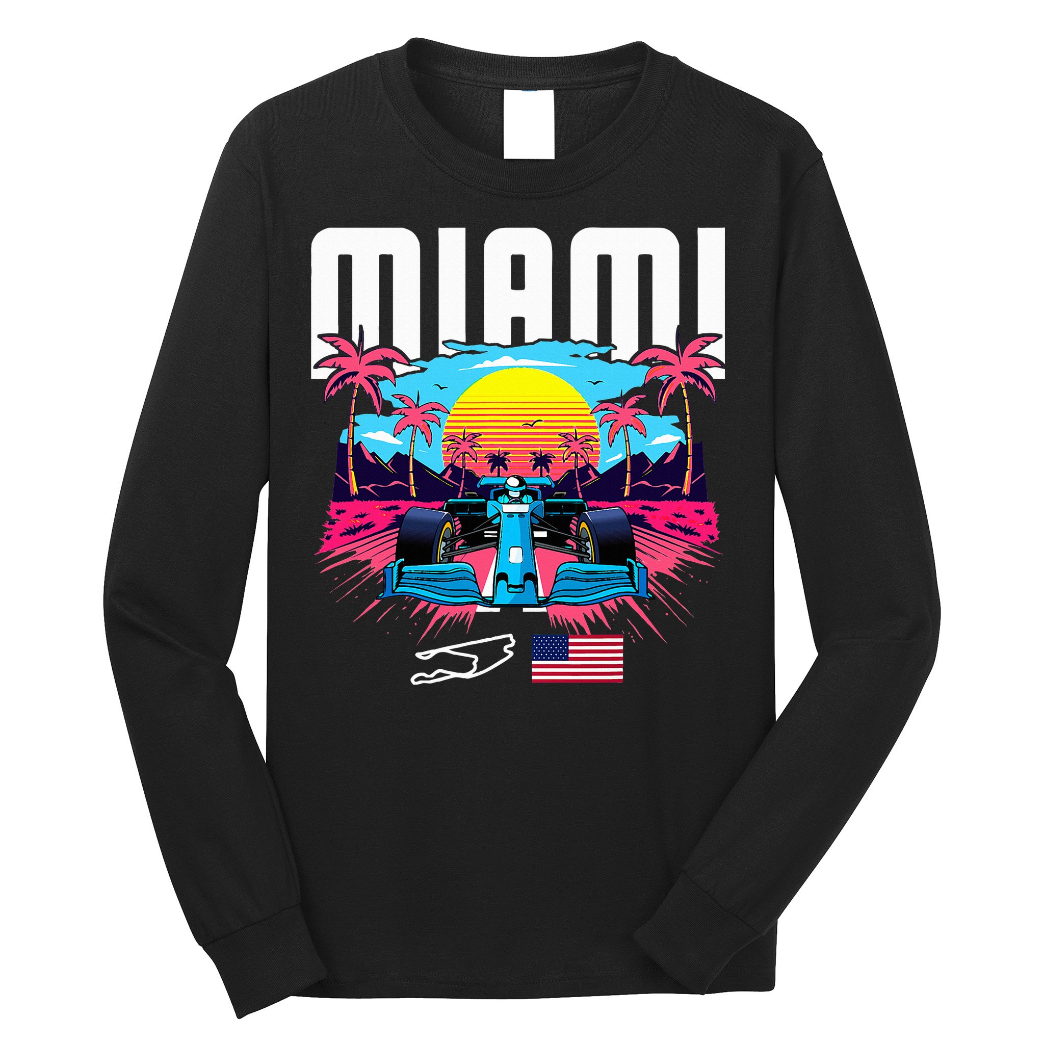 Formula Racing Retro Miami Circuit Usa Flag Race Car Fans Long Sleeve Shirt