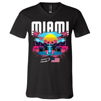 Formula Racing Retro Miami Circuit Usa Flag Race Car Fans V-Neck T-Shirt