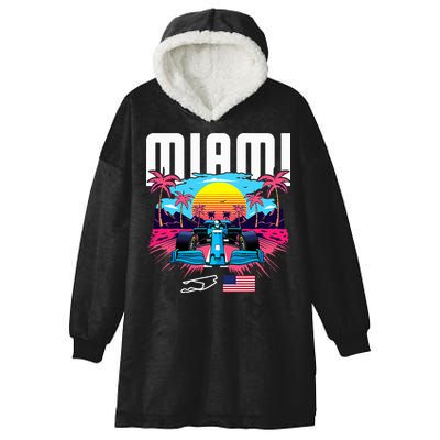 Formula Racing Retro Miami Circuit Usa Flag Race Car Fans Hooded Wearable Blanket