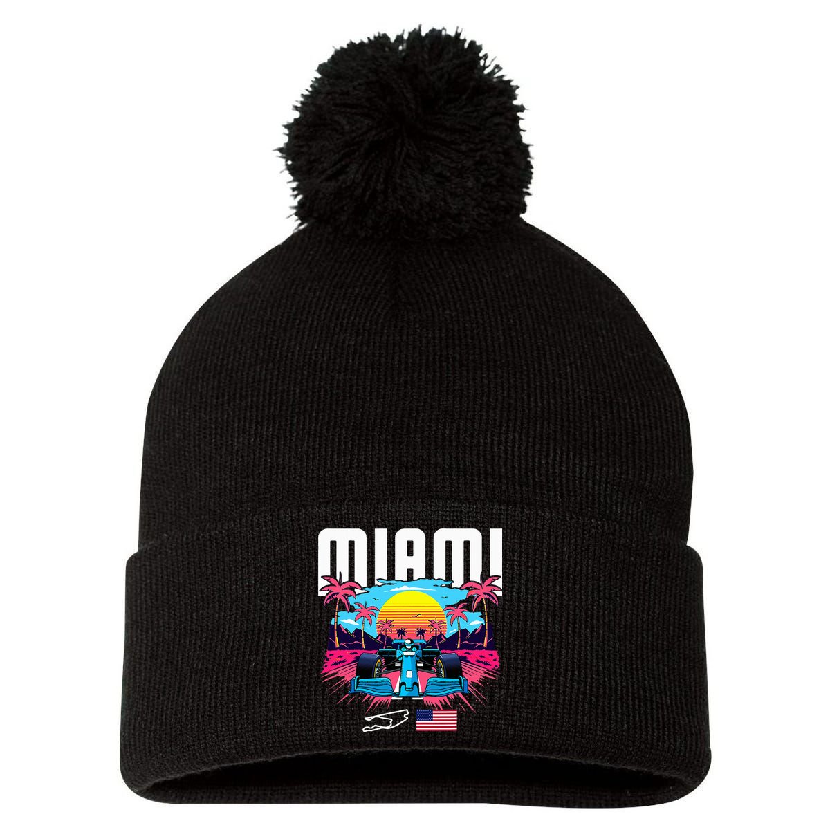 Formula Racing Retro Miami Circuit Usa Flag Race Car Fans Pom Pom 12in Knit Beanie