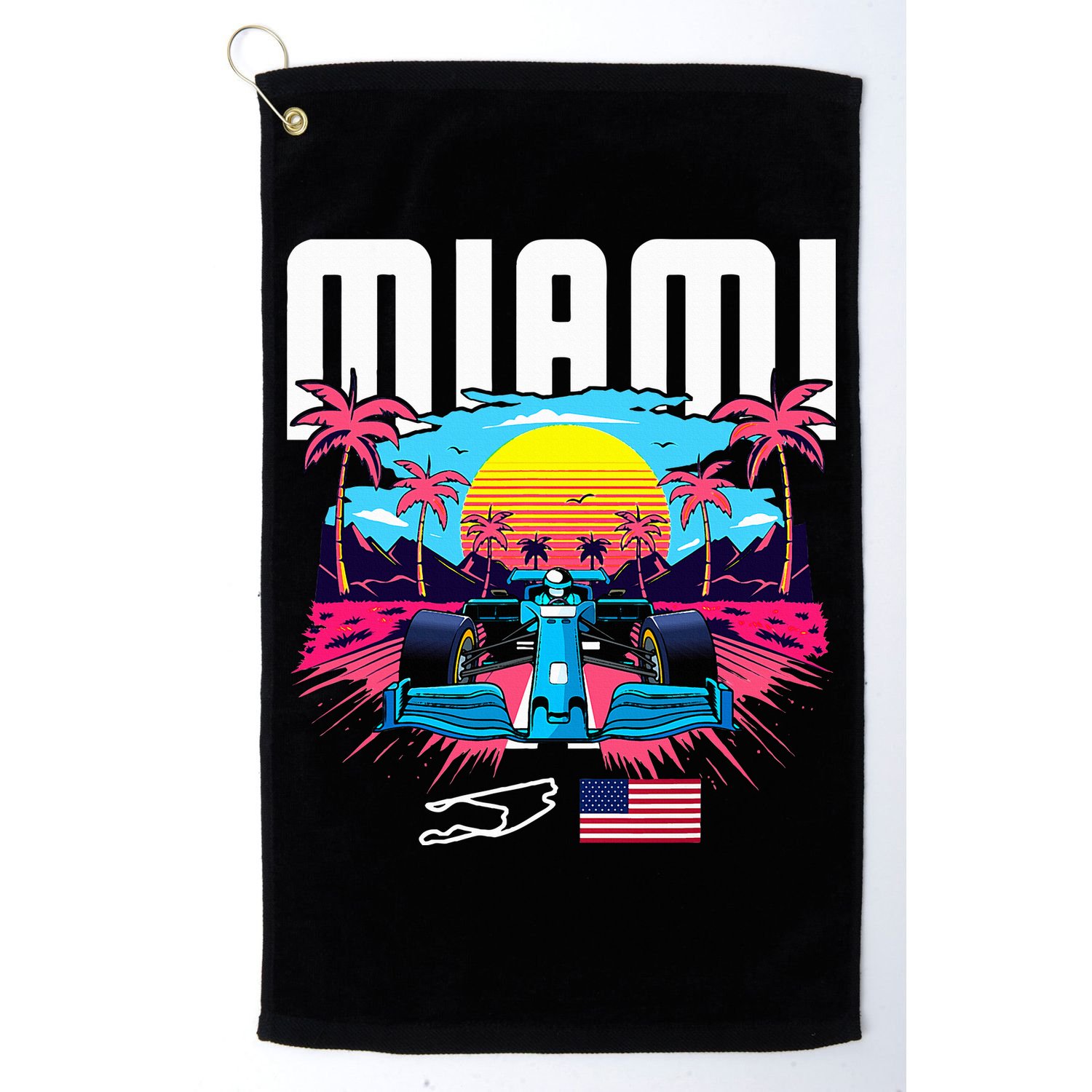 Formula Racing Retro Miami Circuit Usa Flag Race Car Fans Golf Towel