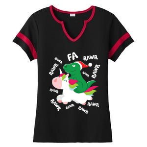 Fa Ra Rawr Trex Dinosaur Riding Reindeer Unicorn Christmas Gift Ladies Halftime Notch Neck Tee