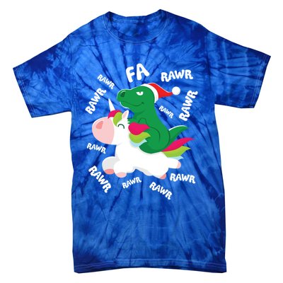 Fa Ra Rawr Trex Dinosaur Riding Reindeer Unicorn Christmas Gift Tie-Dye T-Shirt