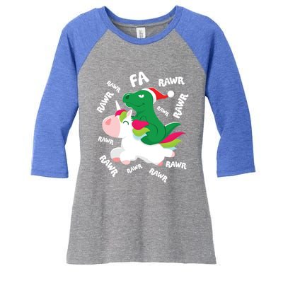 Fa Ra Rawr Trex Dinosaur Riding Reindeer Unicorn Christmas Gift Women's Tri-Blend 3/4-Sleeve Raglan Shirt