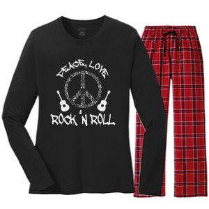 Funny RockN Roll Gift Peace Love And Rock And Roll Women's Long Sleeve Flannel Pajama Set 