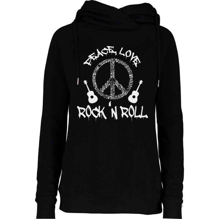 Funny RockN Roll Gift Peace Love And Rock And Roll Womens Funnel Neck Pullover Hood