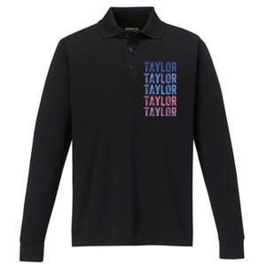 Funny Retro Repeated Text Design First Name Taylor Performance Long Sleeve Polo