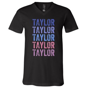 Funny Retro Repeated Text Design First Name Taylor V-Neck T-Shirt