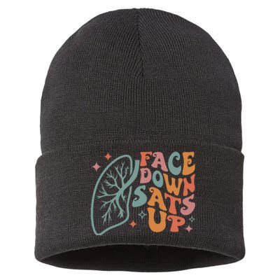 Funny RT Respiratory Therapist Quote Face Down Sats Up Sustainable Knit Beanie