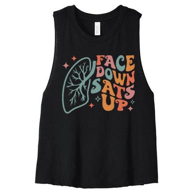 Funny RT Respiratory Therapist Quote Face Down Sats Up Women's Racerback Cropped Tank