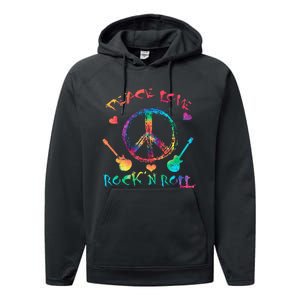 Funny Rock'n Roll Tie Dye Gifts Peace Love and Rock and Roll Performance Fleece Hoodie