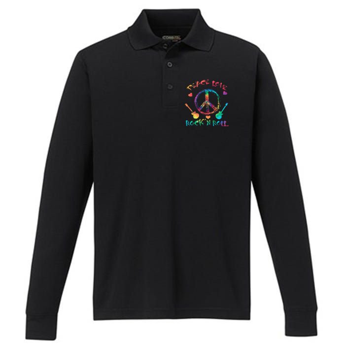 Funny Rock'n Roll Tie Dye Gifts Peace Love and Rock and Roll Performance Long Sleeve Polo