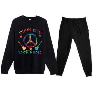 Funny Rock'n Roll Tie Dye Gifts Peace Love and Rock and Roll Premium Crewneck Sweatsuit Set