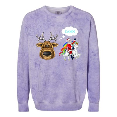 Funny Reindeer Replaced By Unicorn With Santa Claus Colorblast Crewneck Sweatshirt