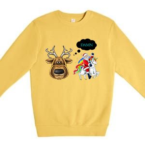 Funny Reindeer Replaced By Unicorn With Santa Claus Premium Crewneck Sweatshirt