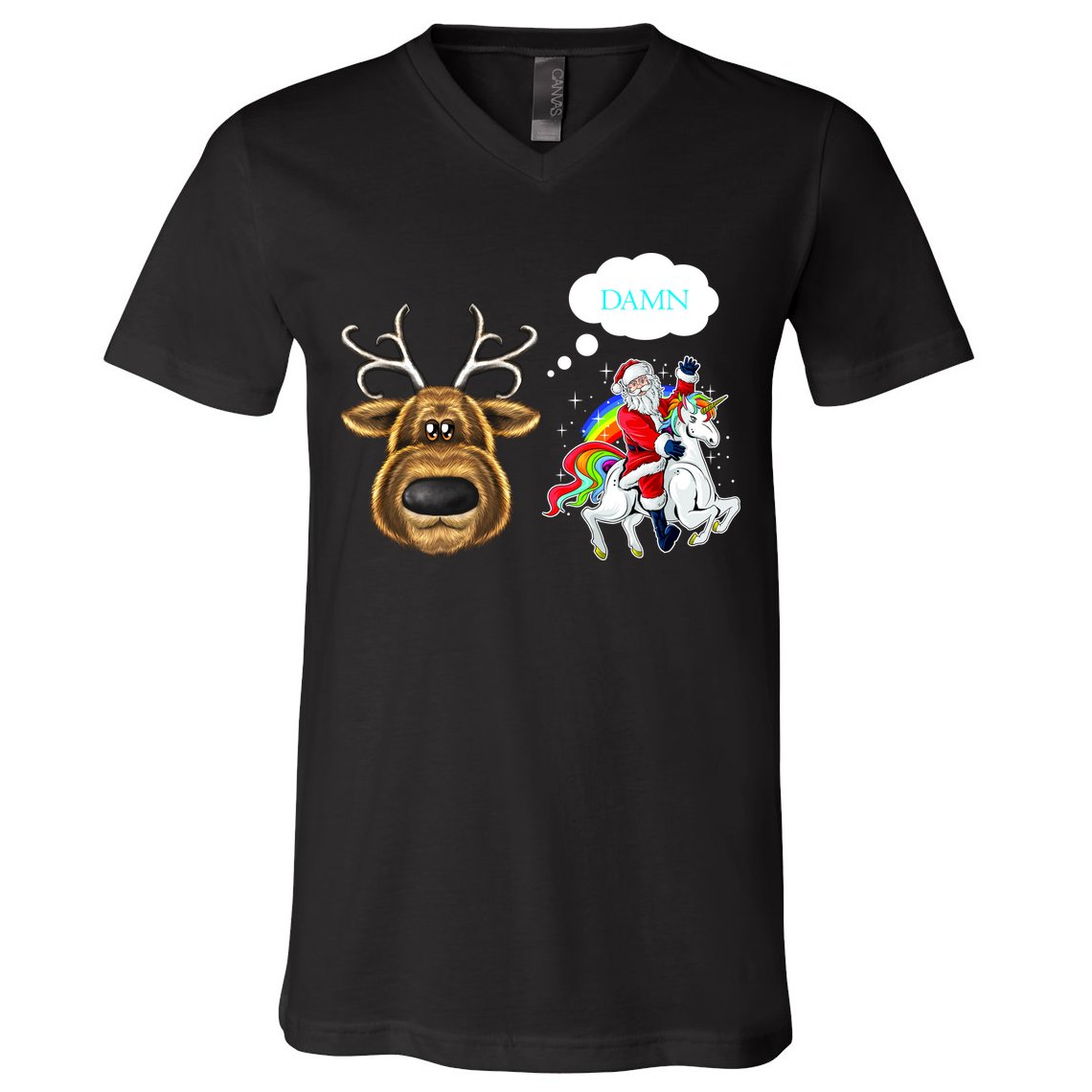 Funny Reindeer Replaced By Unicorn With Santa Claus V-Neck T-Shirt