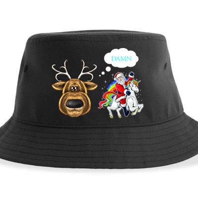 Funny Reindeer Replaced By Unicorn With Santa Claus Sustainable Bucket Hat