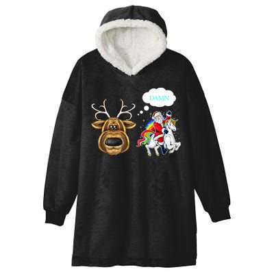 Funny Reindeer Replaced By Unicorn With Santa Claus Hooded Wearable Blanket