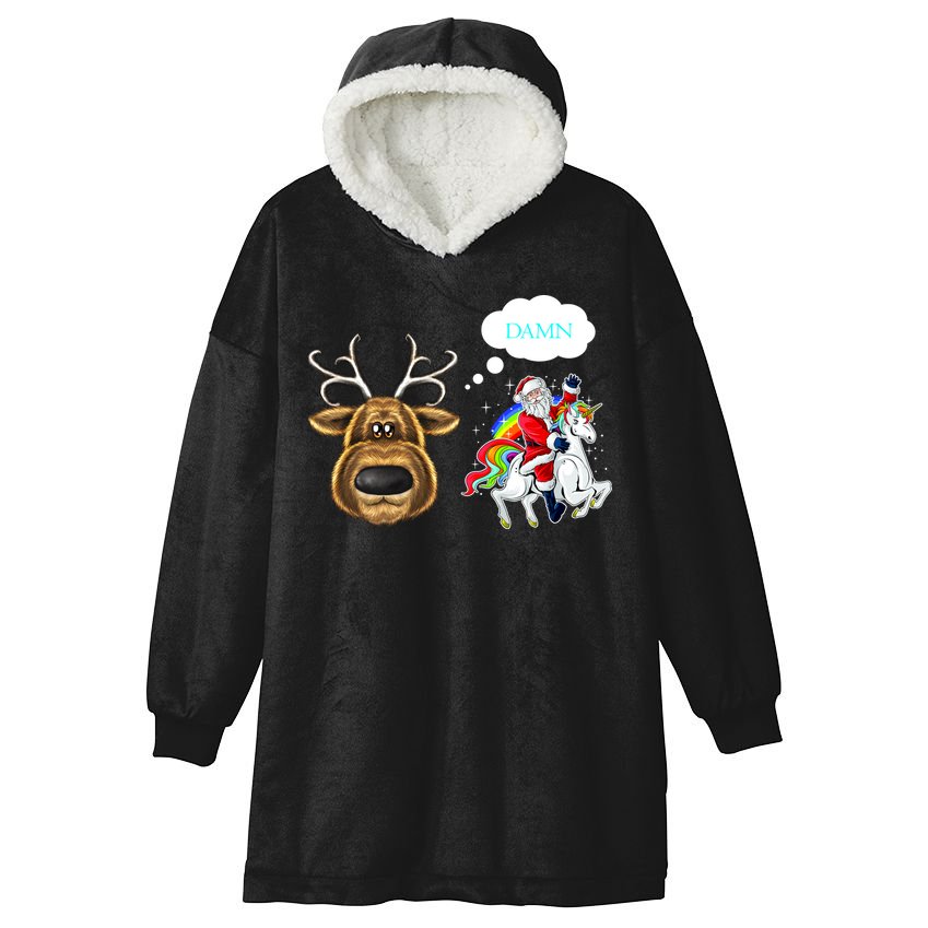 Funny Reindeer Replaced By Unicorn With Santa Claus Hooded Wearable Blanket