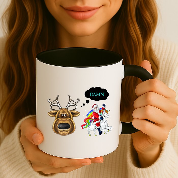 Funny Reindeer Replaced By Unicorn With Santa Claus Mug