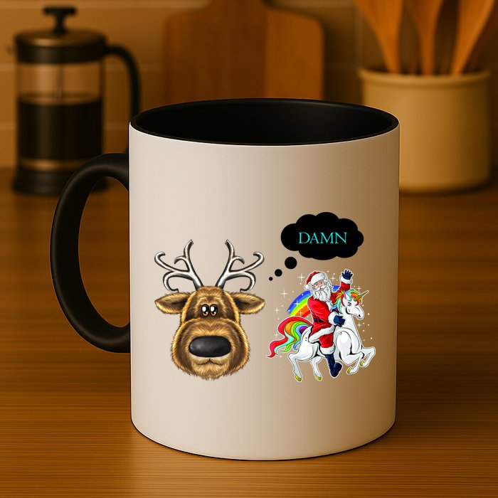 Funny Reindeer Replaced By Unicorn With Santa Claus Mug
