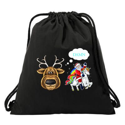 Funny Reindeer Replaced By Unicorn With Santa Claus Drawstring Bag