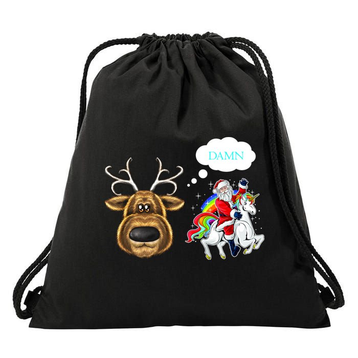 Funny Reindeer Replaced By Unicorn With Santa Claus Drawstring Bag