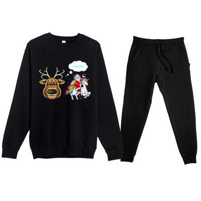 Funny Reindeer Replaced By Unicorn With Santa Claus Premium Crewneck Sweatsuit Set