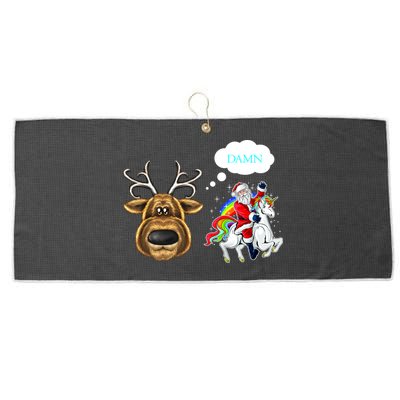 Funny Reindeer Replaced By Unicorn With Santa Claus Large Microfiber Waffle Golf Towel