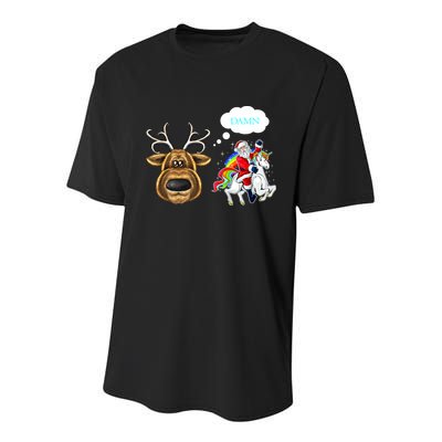 Funny Reindeer Replaced By Unicorn With Santa Claus Youth Performance Sprint T-Shirt