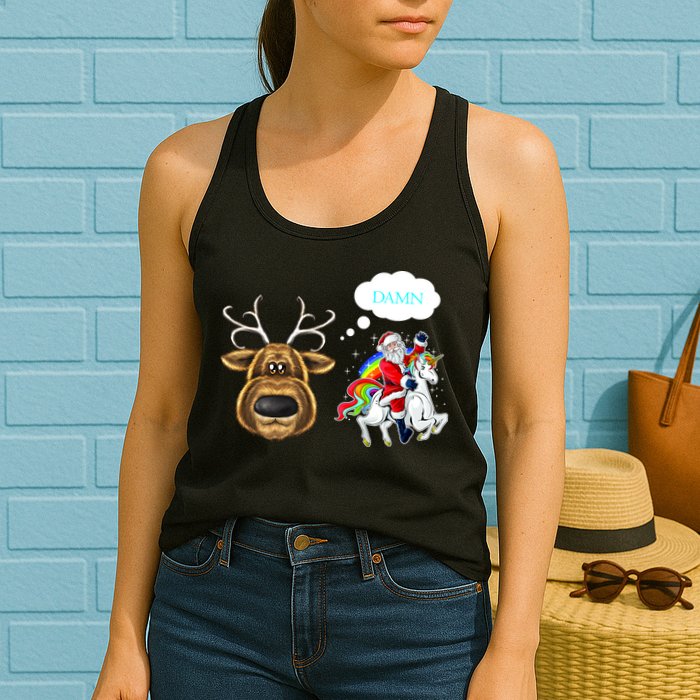 Funny Reindeer Replaced By Unicorn With Santa Claus Womens Tank Top