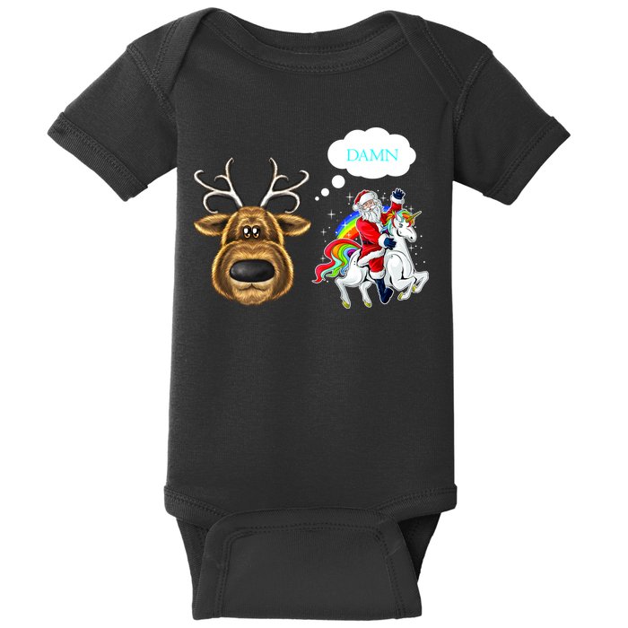 Funny Reindeer Replaced By Unicorn With Santa Claus Baby Bodysuit