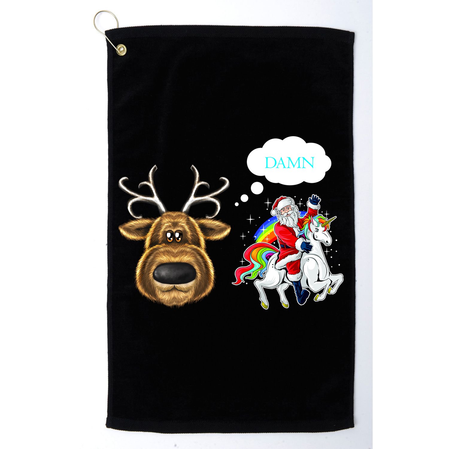 Funny Reindeer Replaced By Unicorn With Santa Claus Golf Towel