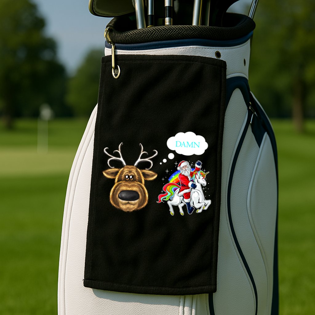 Funny Reindeer Replaced By Unicorn With Santa Claus Golf Towel