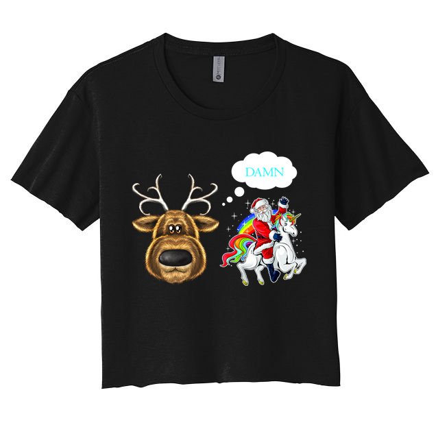 Funny Reindeer Replaced By Unicorn With Santa Claus Crop Top