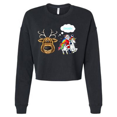 Funny Reindeer Replaced By Unicorn With Santa Claus Cropped Pullover Crew
