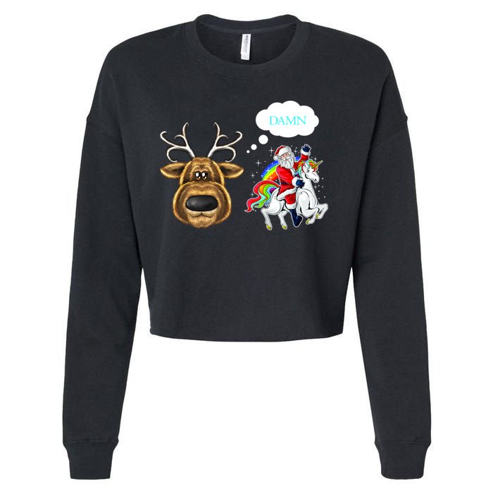 Funny Reindeer Replaced By Unicorn With Santa Claus Cropped Pullover Crew
