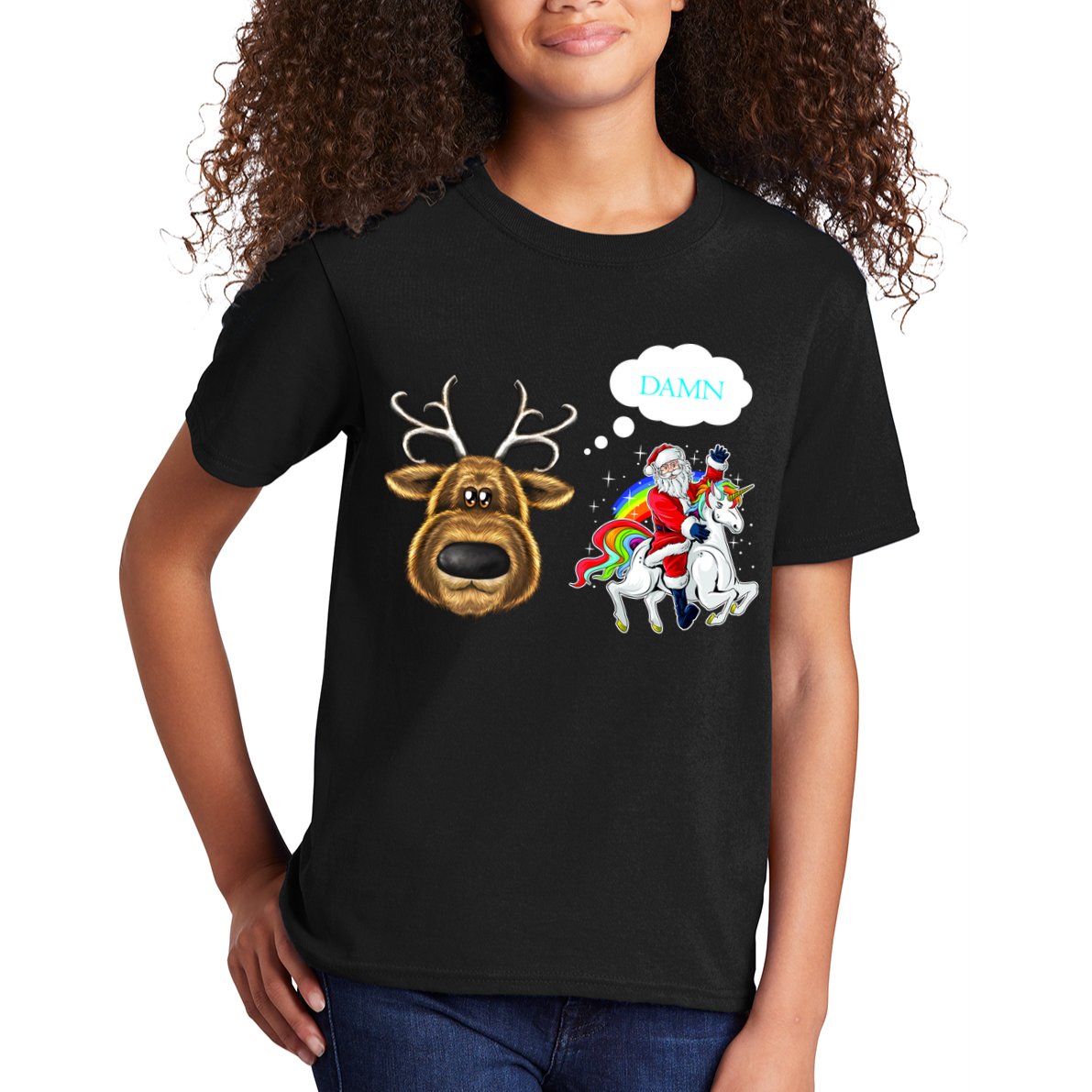 Funny Reindeer Replaced By Unicorn With Santa Claus Kids T-Shirt