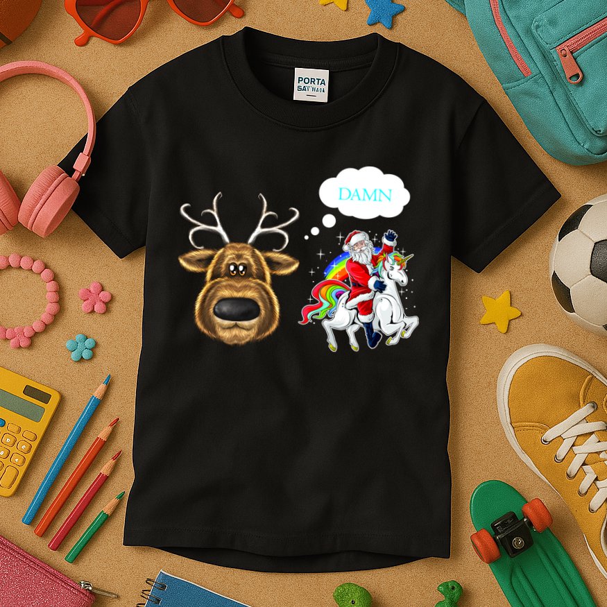 Funny Reindeer Replaced By Unicorn With Santa Claus Kids T-Shirt