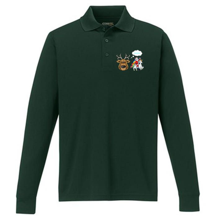 Funny Reindeer Replaced By Unicorn With Santa Claus Performance Long Sleeve Polo