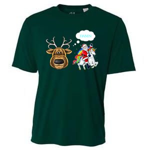 Funny Reindeer Replaced By Unicorn With Santa Claus Cooling Performance Crew T-Shirt