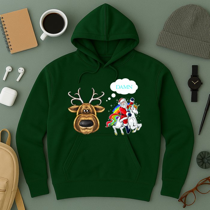 Funny Reindeer Replaced By Unicorn With Santa Claus Hoodie