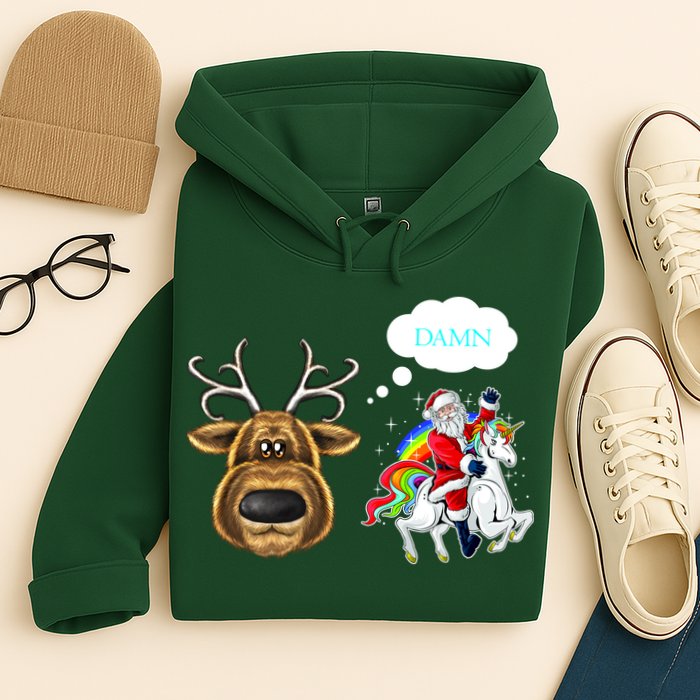 Funny Reindeer Replaced By Unicorn With Santa Claus Hoodie